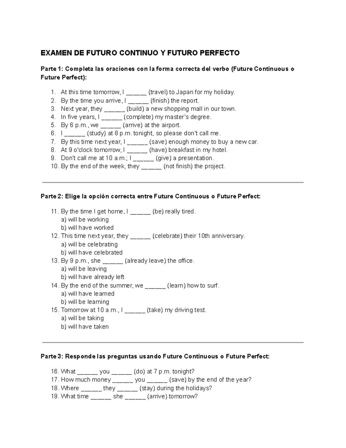 Examen DE Futuro Continuo Y Futuro Perfecto - Documents de Google ...