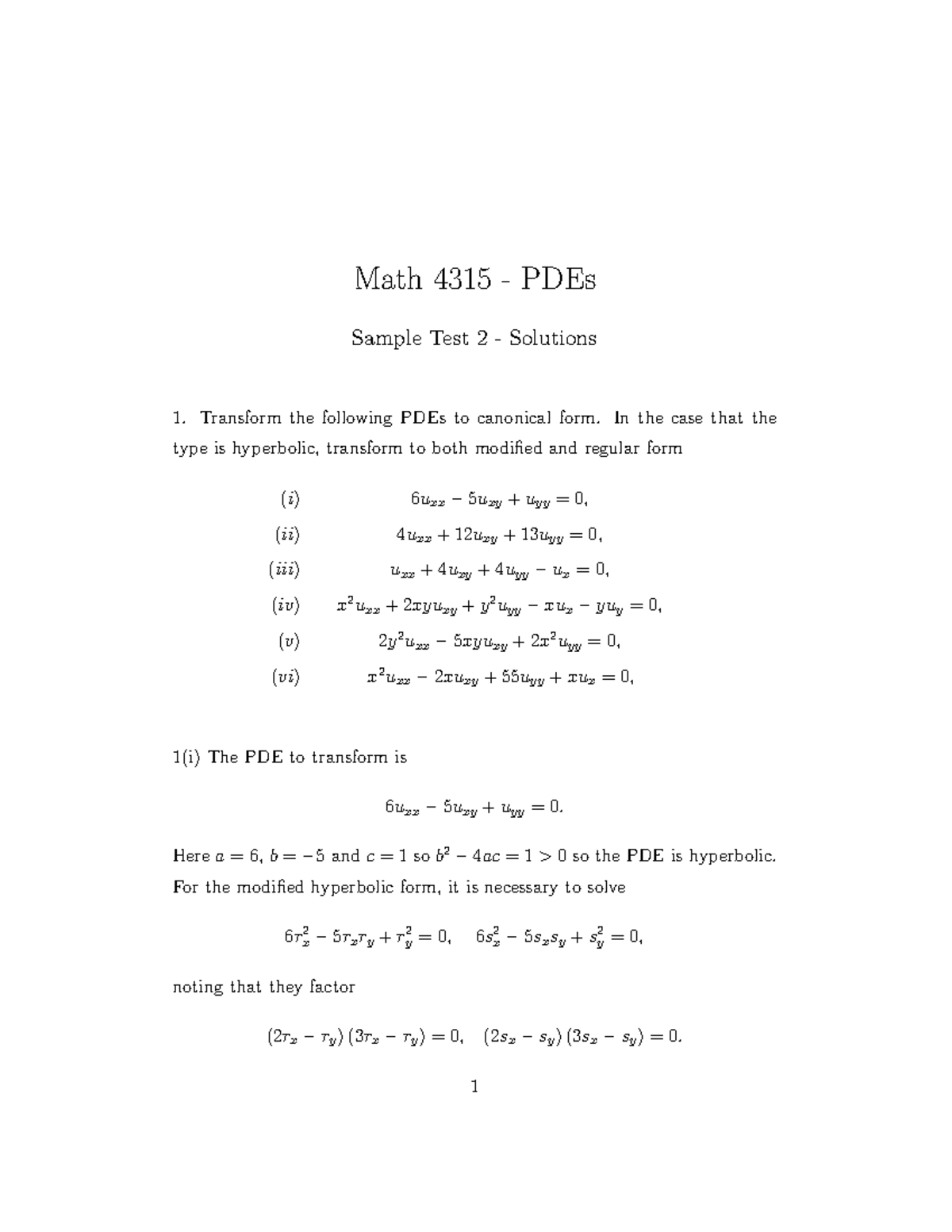 ST2Sol - ,,, - Math 4315 - PDEs Sample Test 2 - Solutions Transform the ...