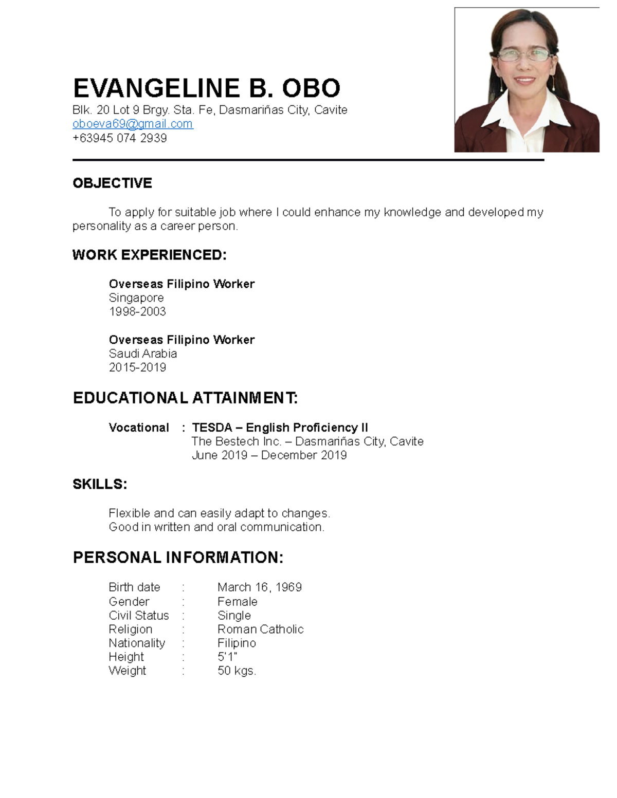 Ate eva resume - nothing - EVANGELINE B. OBO Blk. 20 Lot 9 Brgy. Sta ...