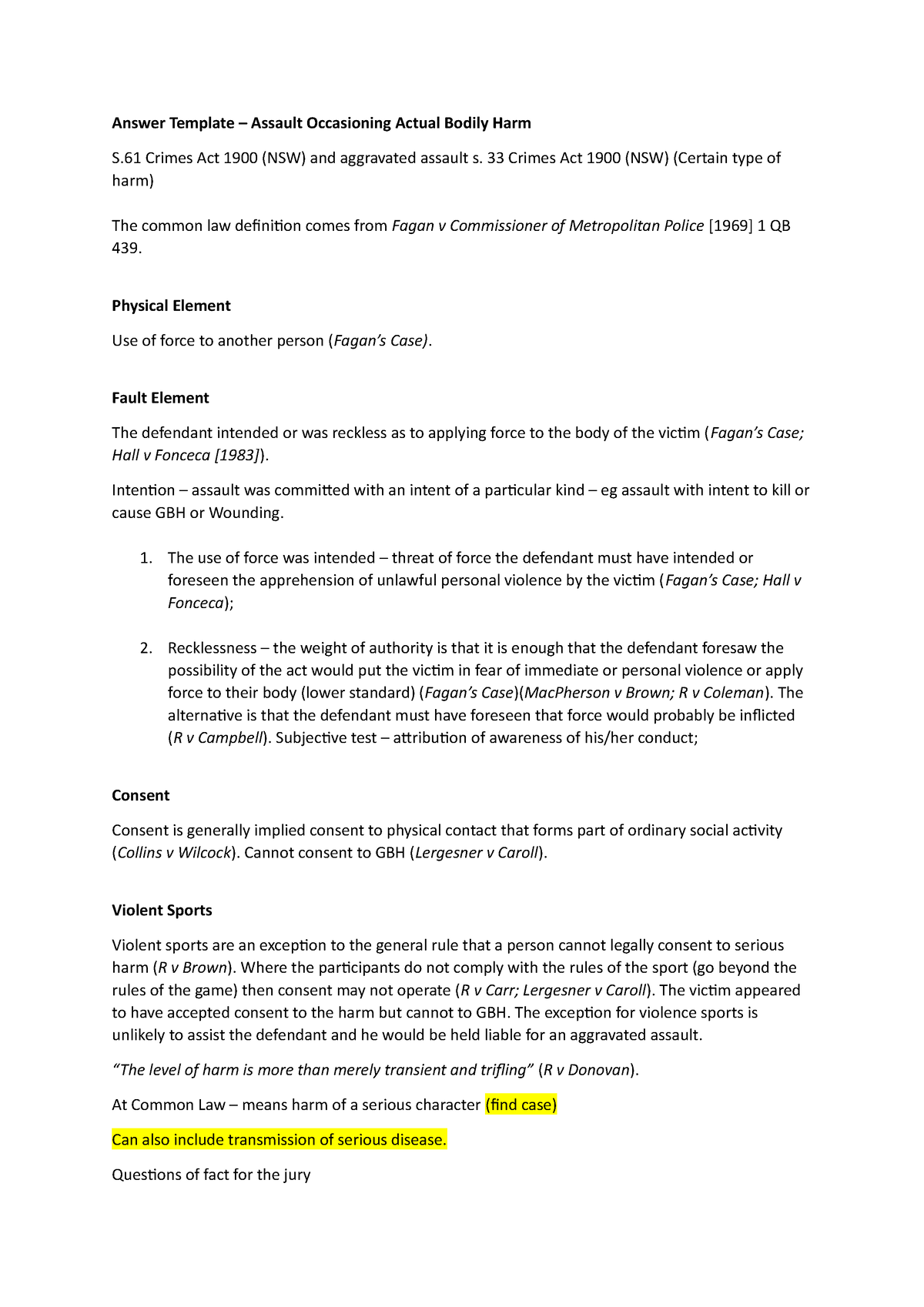 Assault GBH Answer Template - Answer Template – Assault Occasioning ...