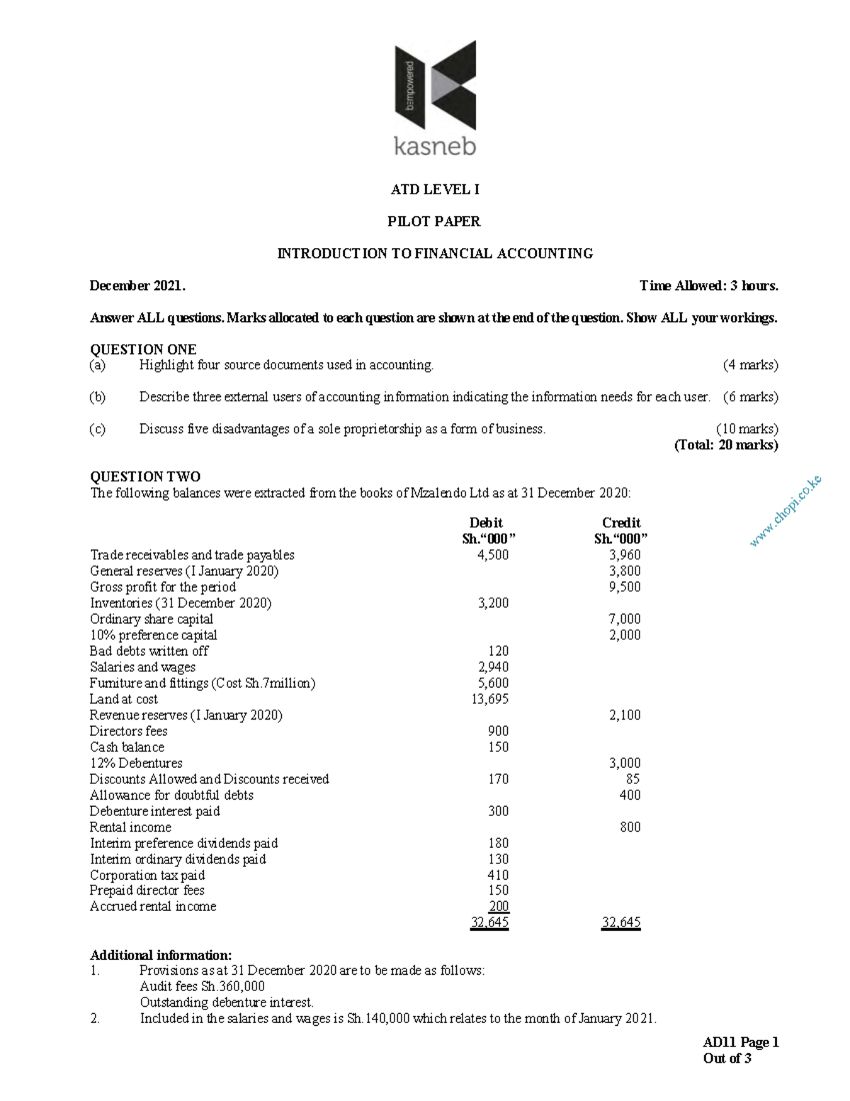 Introduction to Financial Accounting AD11 Page 1 Out of 3 ATD LEVEL I