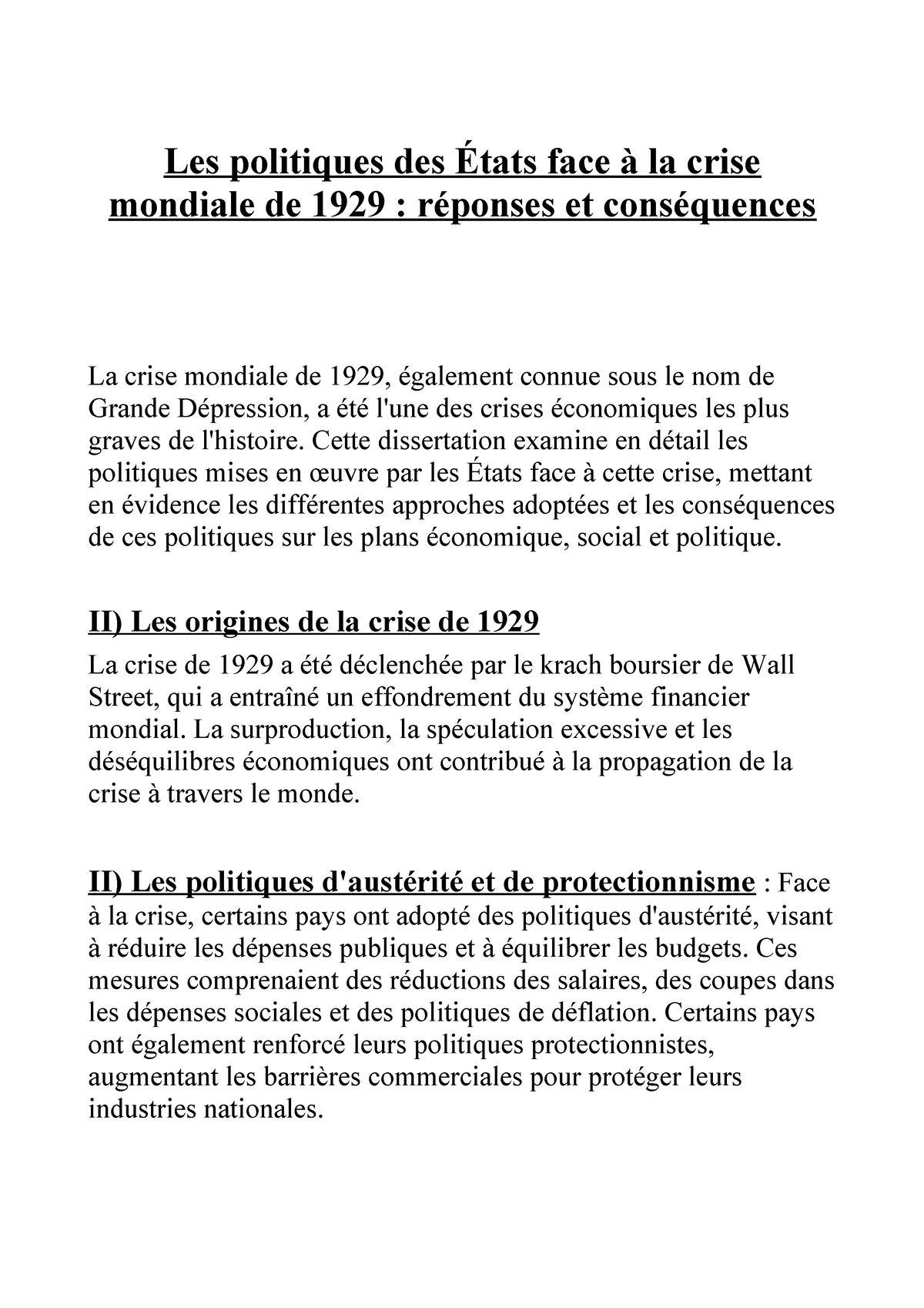 la crise de 1929 dissertation