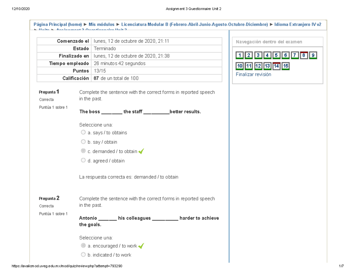 Unidad 2 Cuestionario - Página Principal (home) Mis Módulos ...