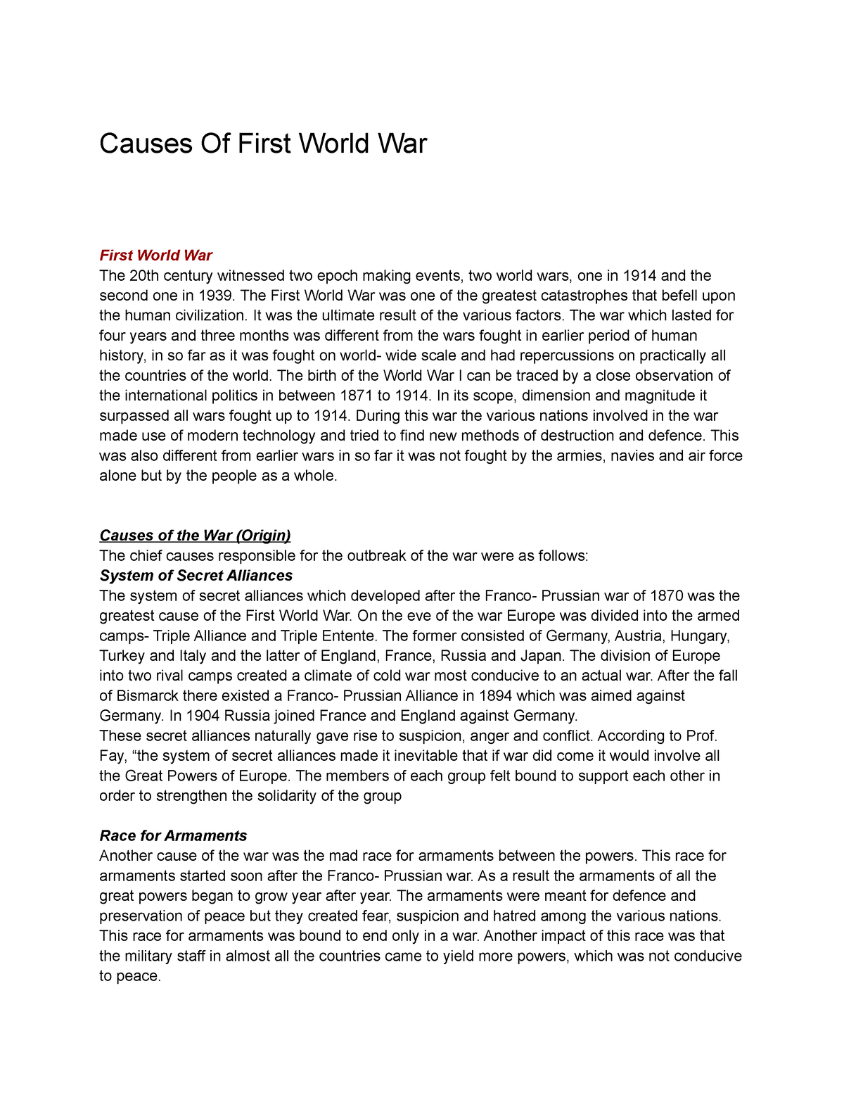 essay on causes of first world war