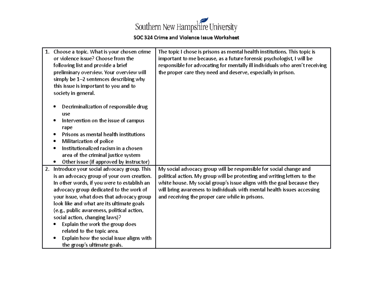 Soc324 Crime And Violence Issue Worksheet - Soc 324 Crime And Violence 