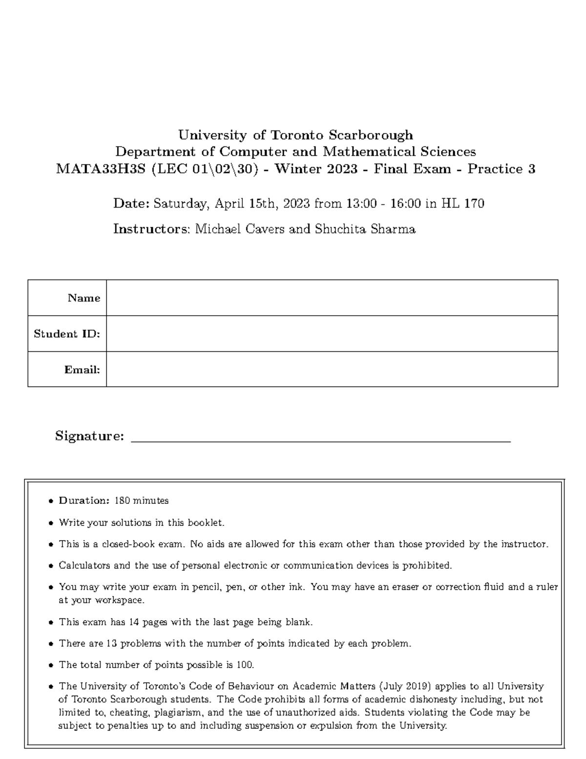 Mata33 W23 Final Exam Practice 03 University Of Toronto Scarborough