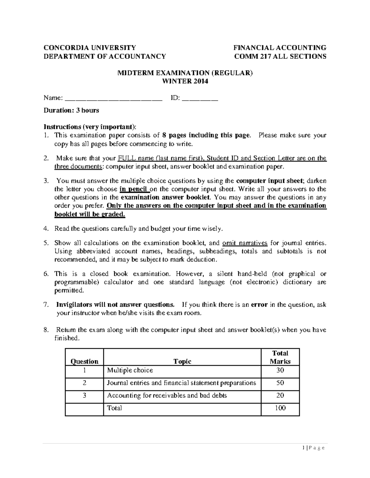 Exam 2014, Questions - CONCORDIA UNIVERSITY FINANCIAL ACCOUNTING ...