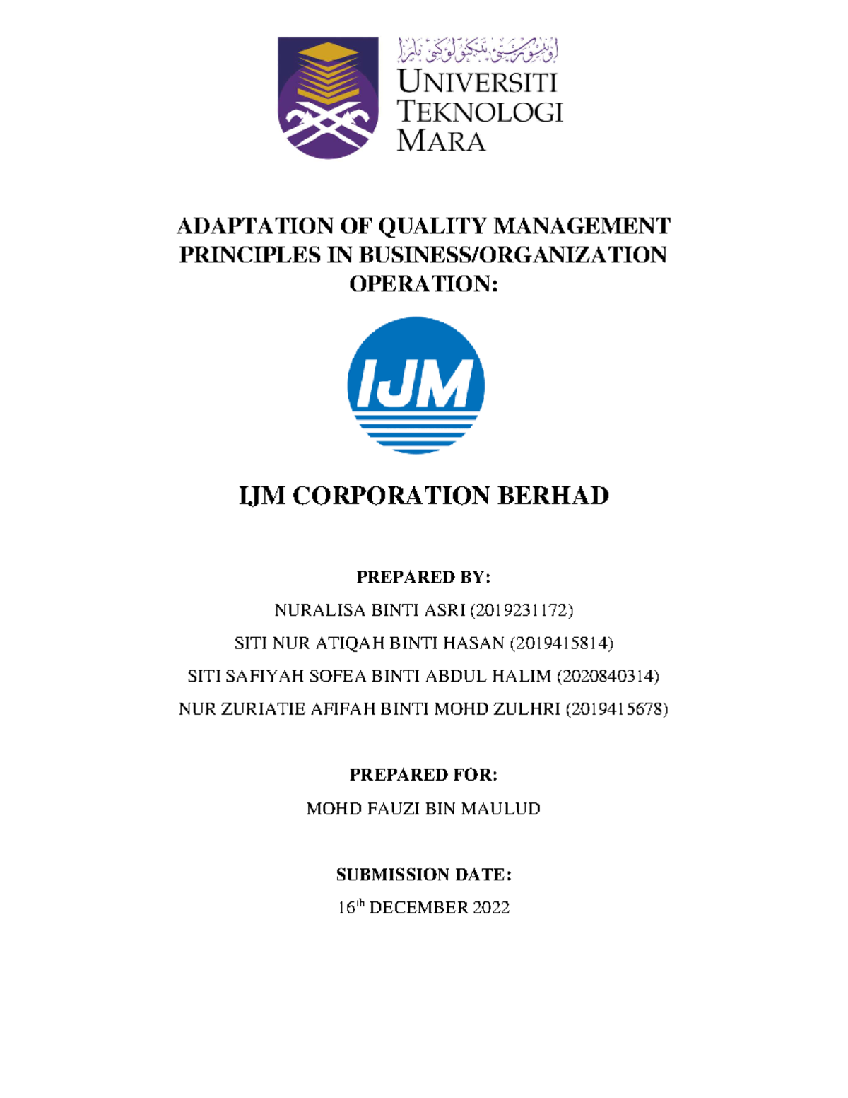 quality management assignment pdf