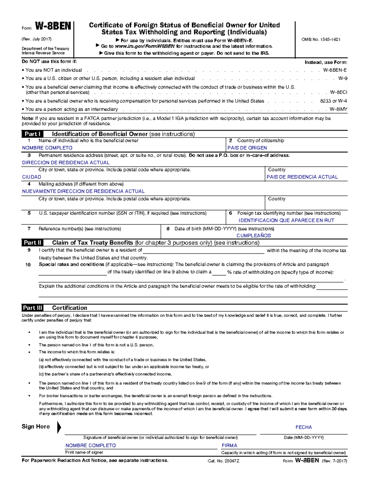 FW8 Ejemplo - Form W-8BEN (Rev. July 2017) Department of the Treasury ...