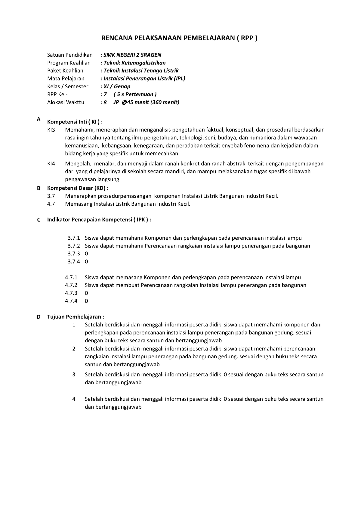 7-RPP IPL - Rencana Pelaksanaan Pembelajaran - Satuan Pendidikan : SMK ...