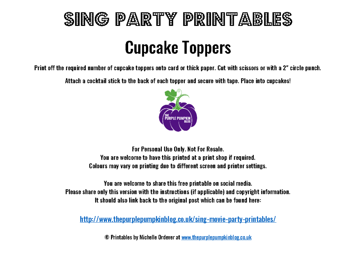 Free printable sing movie cupcake toppers usa - SING PARTY PRINTABLES