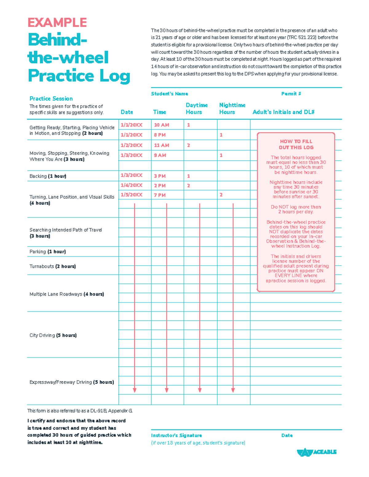 Aceable Btw Practice Log Behind The Wheel Practice Log Practice