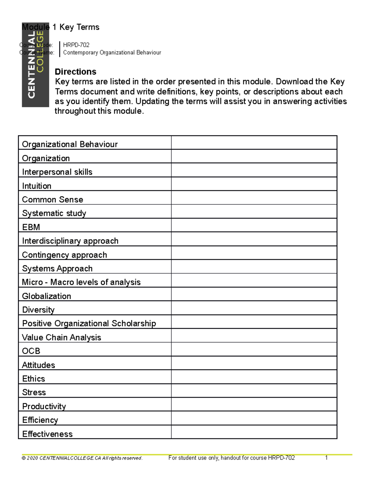 Class notes 202323 - Module 1 Key Terms Course Code: HRPD- Course Name ...