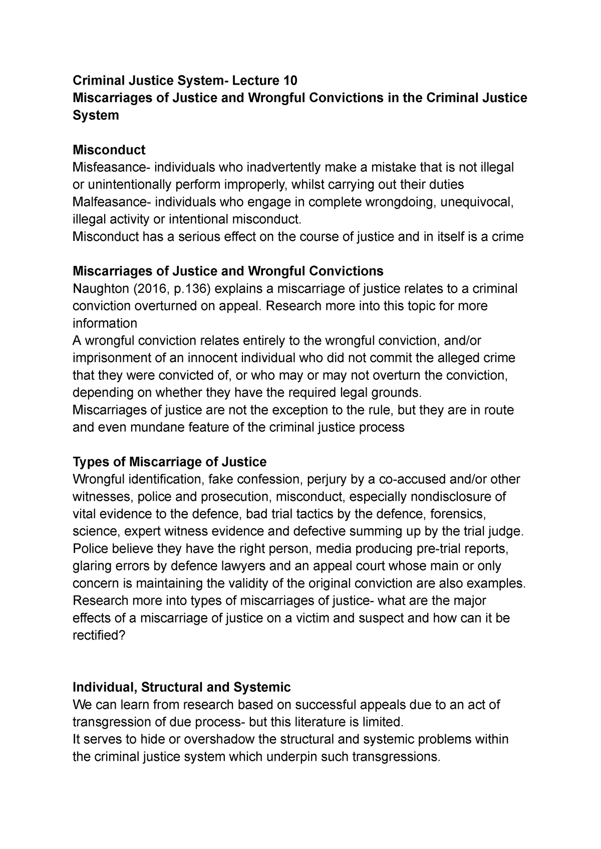 CJS- Lecture 10 Copy - Criminal Justice System- Lecture 10 Miscarriages ...