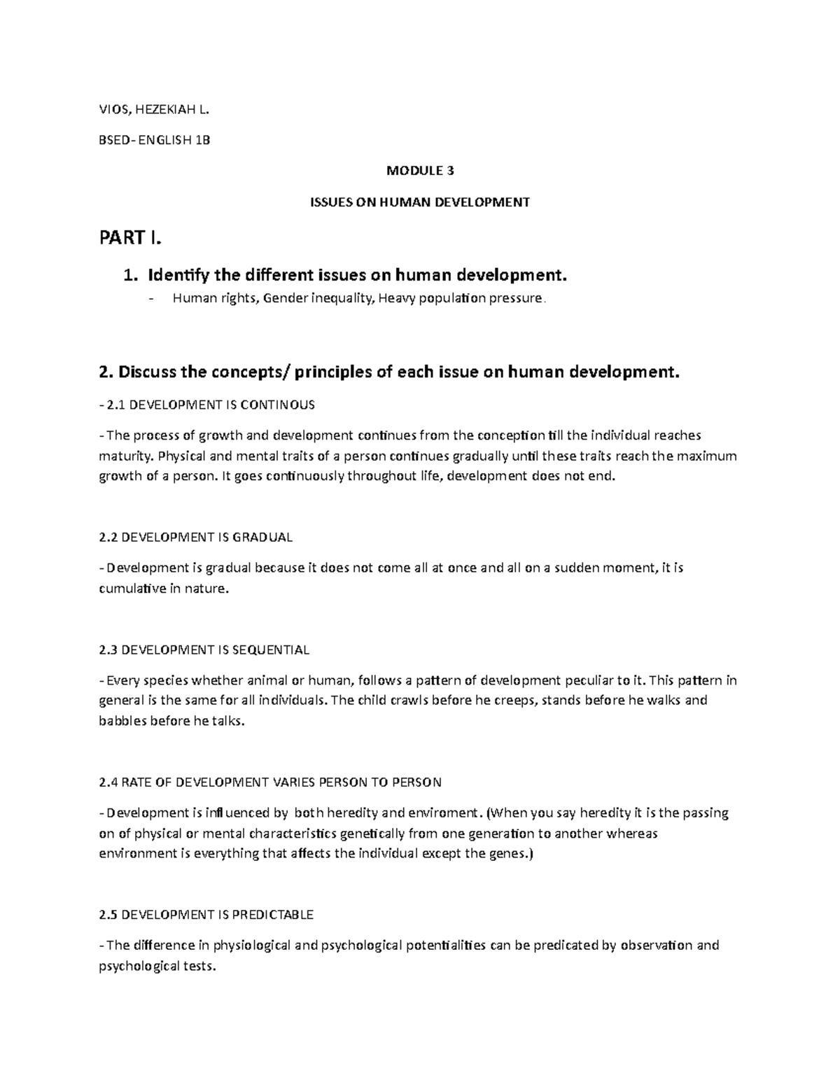 Issues ON Human Development - VIOS, HEZEKIAH L. BSED- ENGLISH 1B MODULE ...