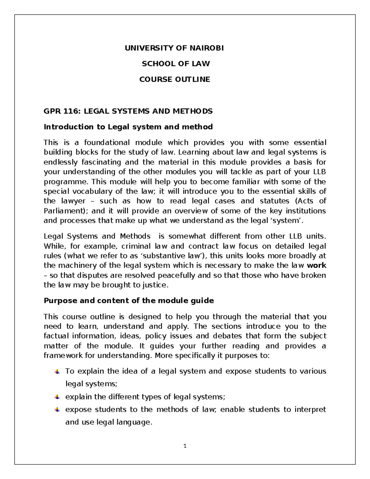 Course Outline Legal Systems AND Methods UNIVERSITY OF NAIROBI SCHOOL