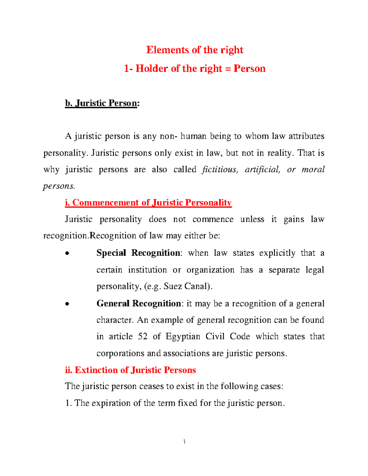 chapter 2 part 3 Juristic Persons - 1 Elements of the right 1- Holder ...