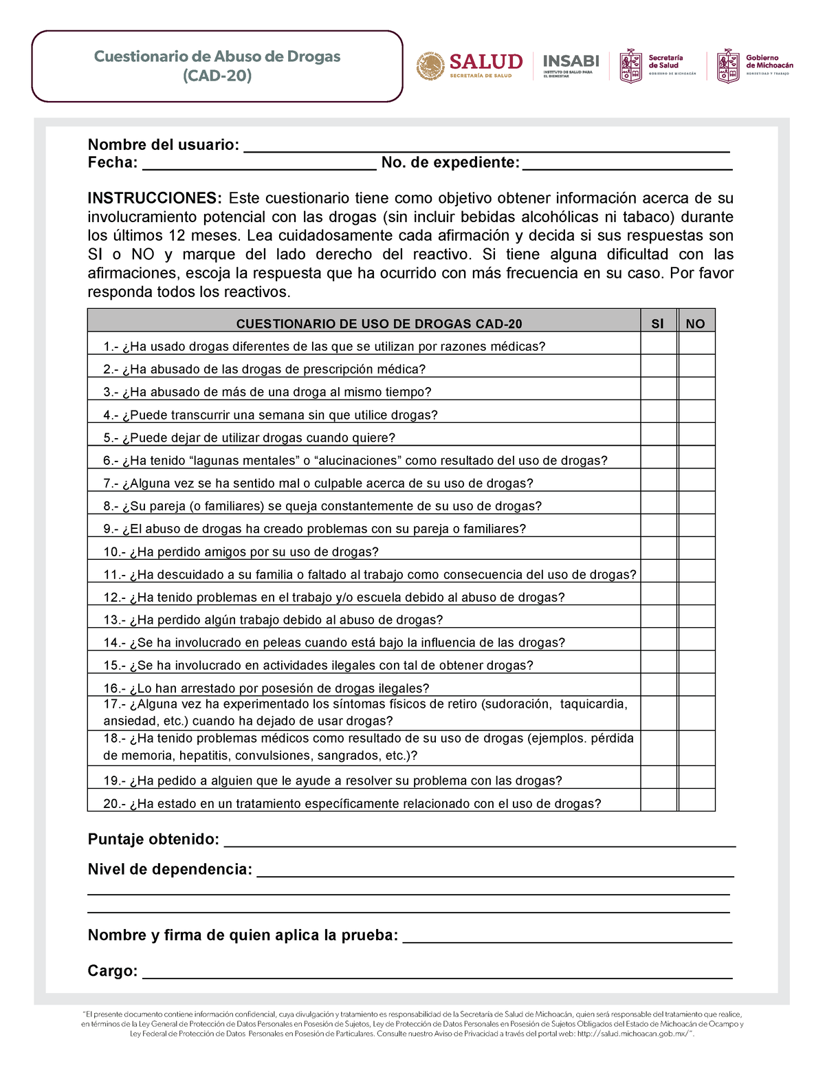 3 Cuestionario CAD 20 Drogas Abuso Nombre Del Usuario Studocu