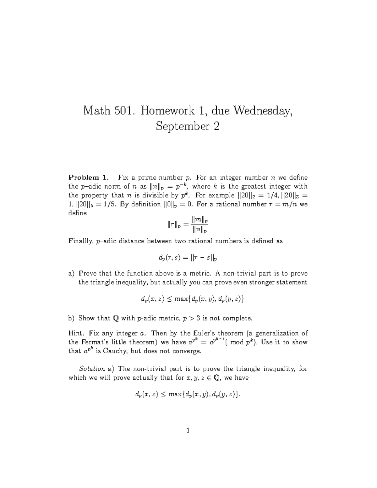 Hw1 FA20 Solutions - Hw1 - Math 501. Homework 1, Due Wednesday ...