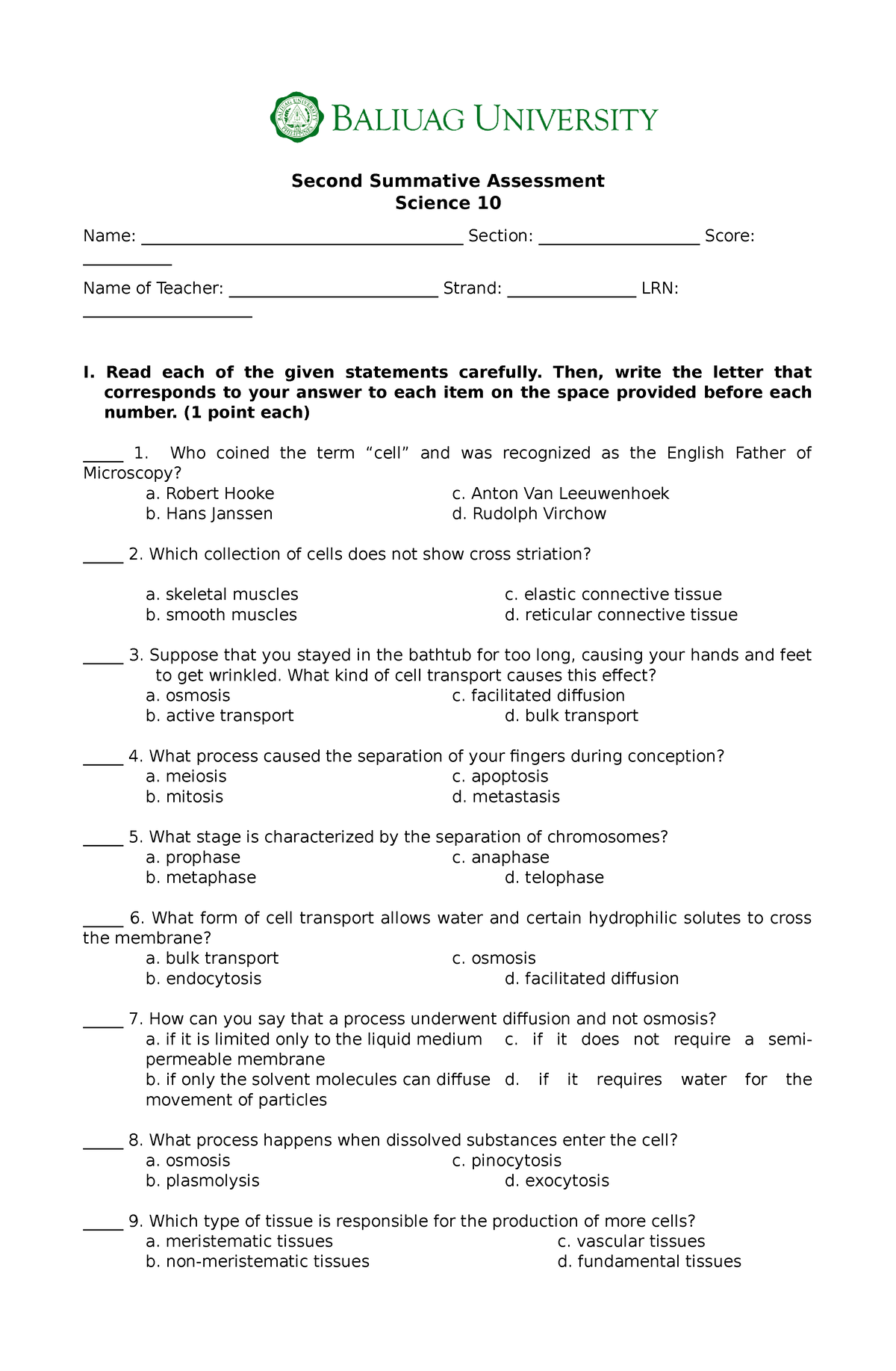 Sample Summative Test - Grade: (9, 10) - Second Summative Assessment ...