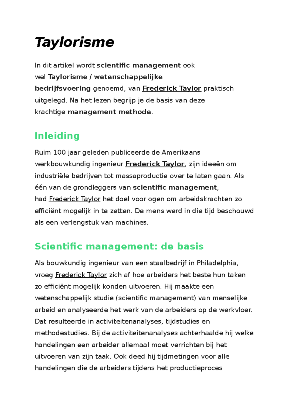 Taylorisme - werkstuk - Taylorisme In dit artikel wordt scientific ...