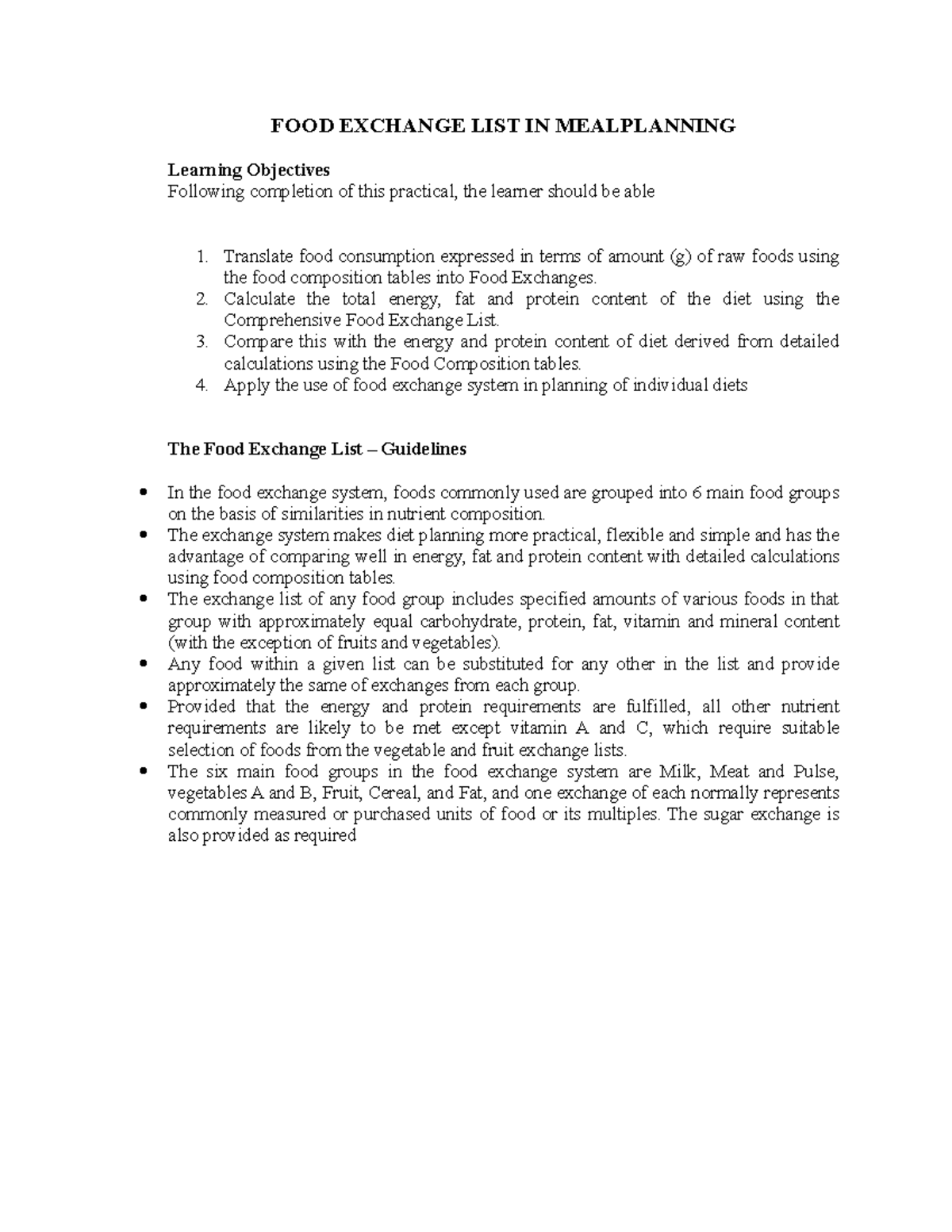 Food Exchange Lists DOC FOOD EXCHANGE LIST IN MEALPLANNING Learning Objectives Following Studocu