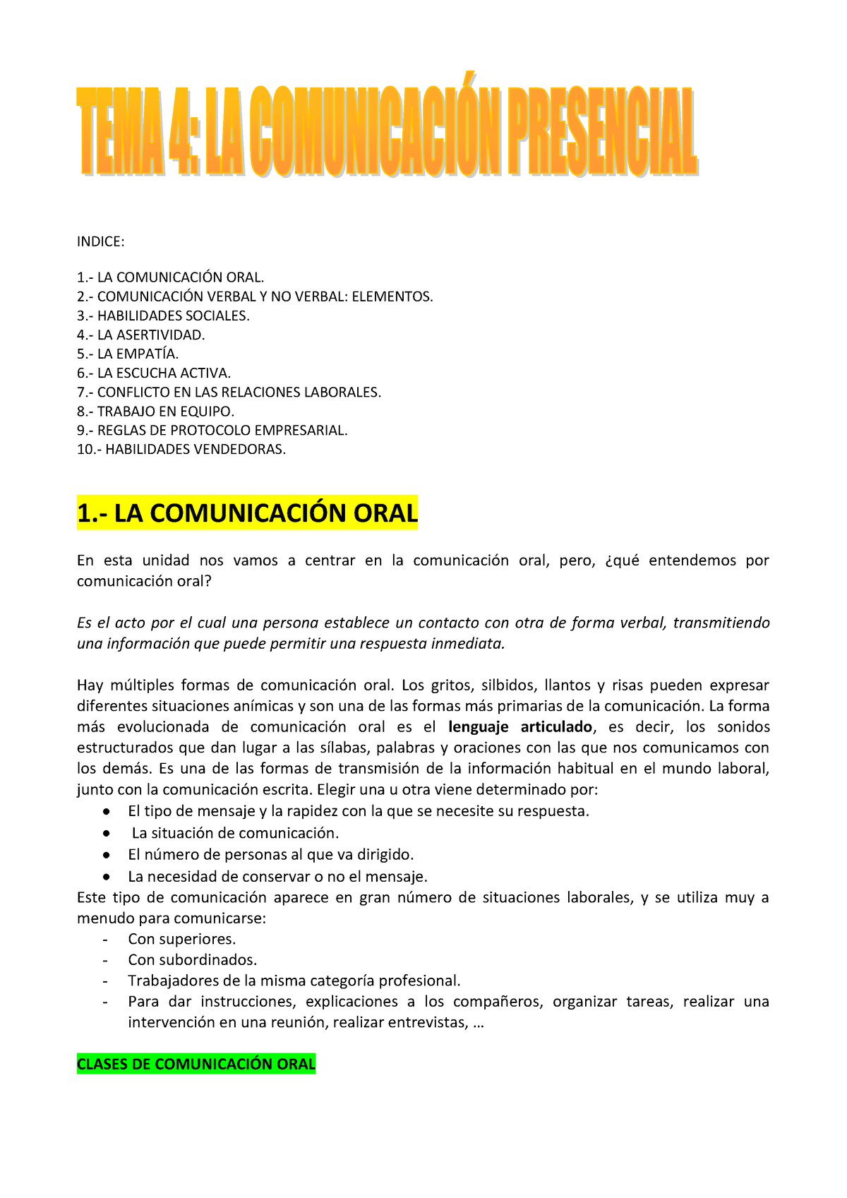 LA Comunicacion Presencial - INDICE: 1.- LA COMUNICACI”N ORAL. 2 ...