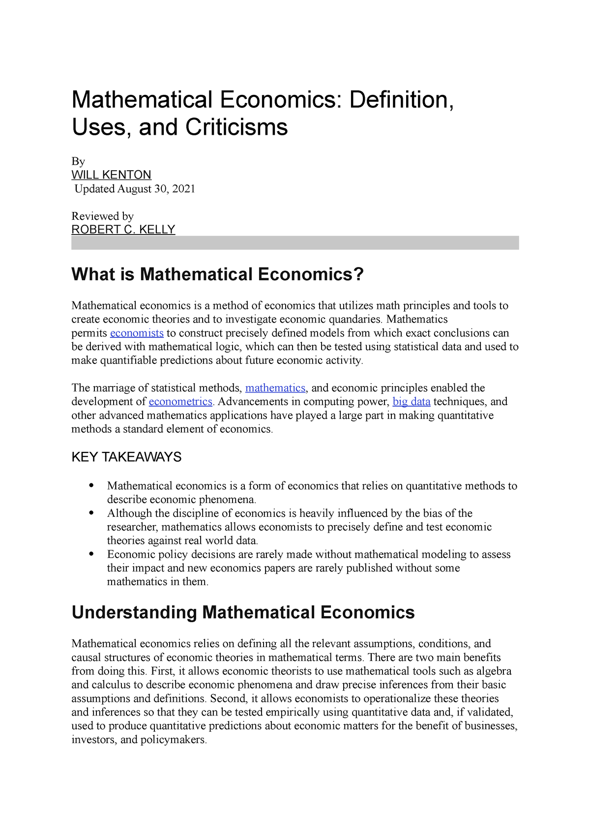 Mathematical Economics Kelly What Is Mathematical Economics Mathematical Economics Is A 4498