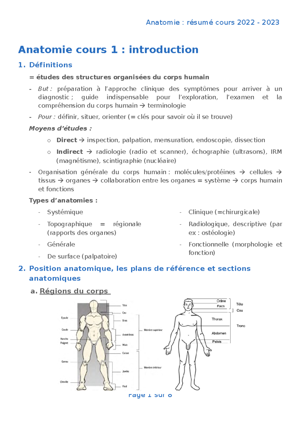 Anatomie Résumé Cours 1 - Anatomie Cours 1 : Introduction 1 ...