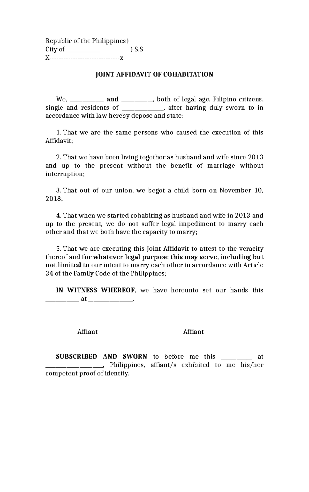 Joint Affidavit of Cohabitation - Republic of the Philippines) City of ...