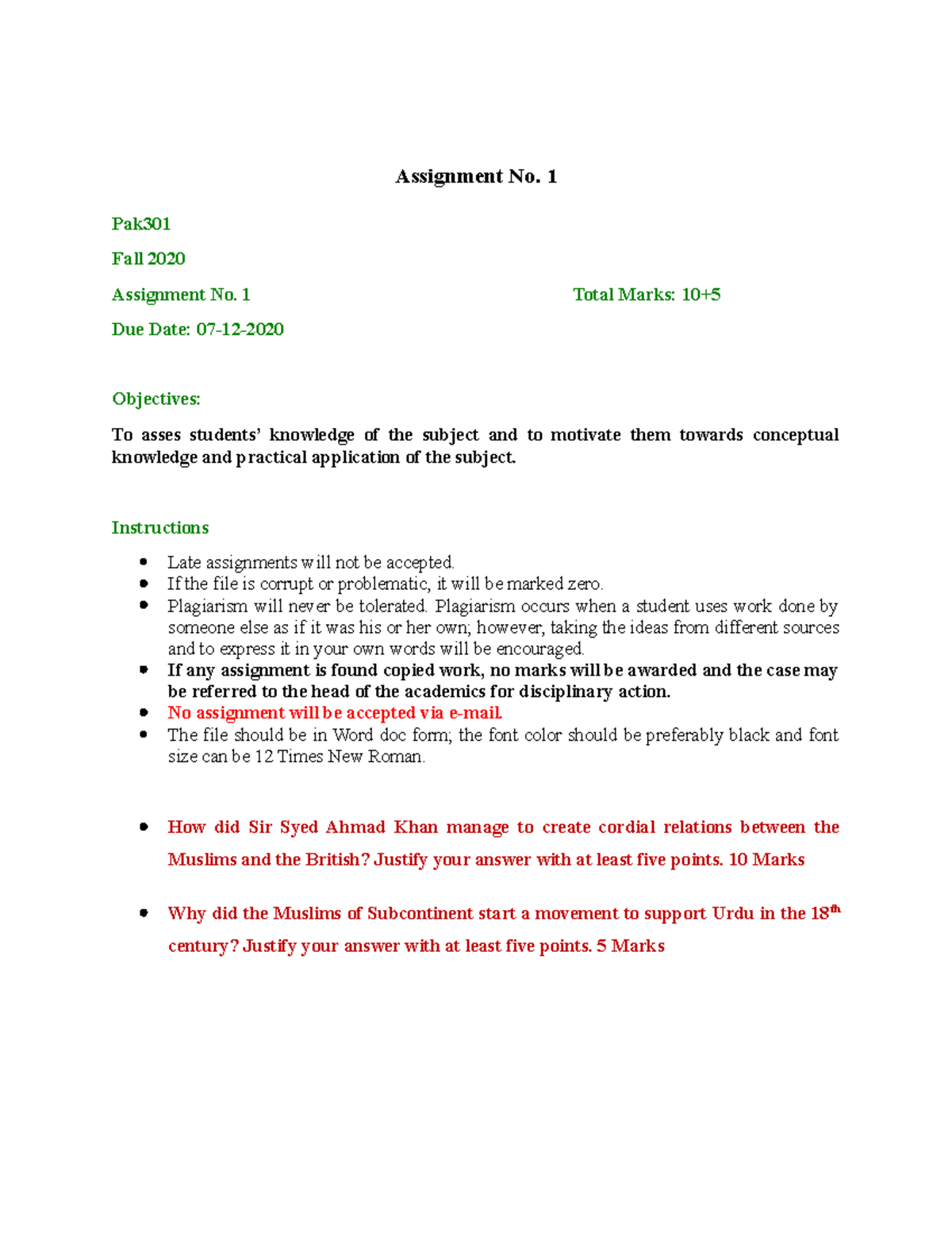 Fall 2020 PAK 301 1 - Good - Assignment No. 1 Pak Fall 2020 Assignment ...