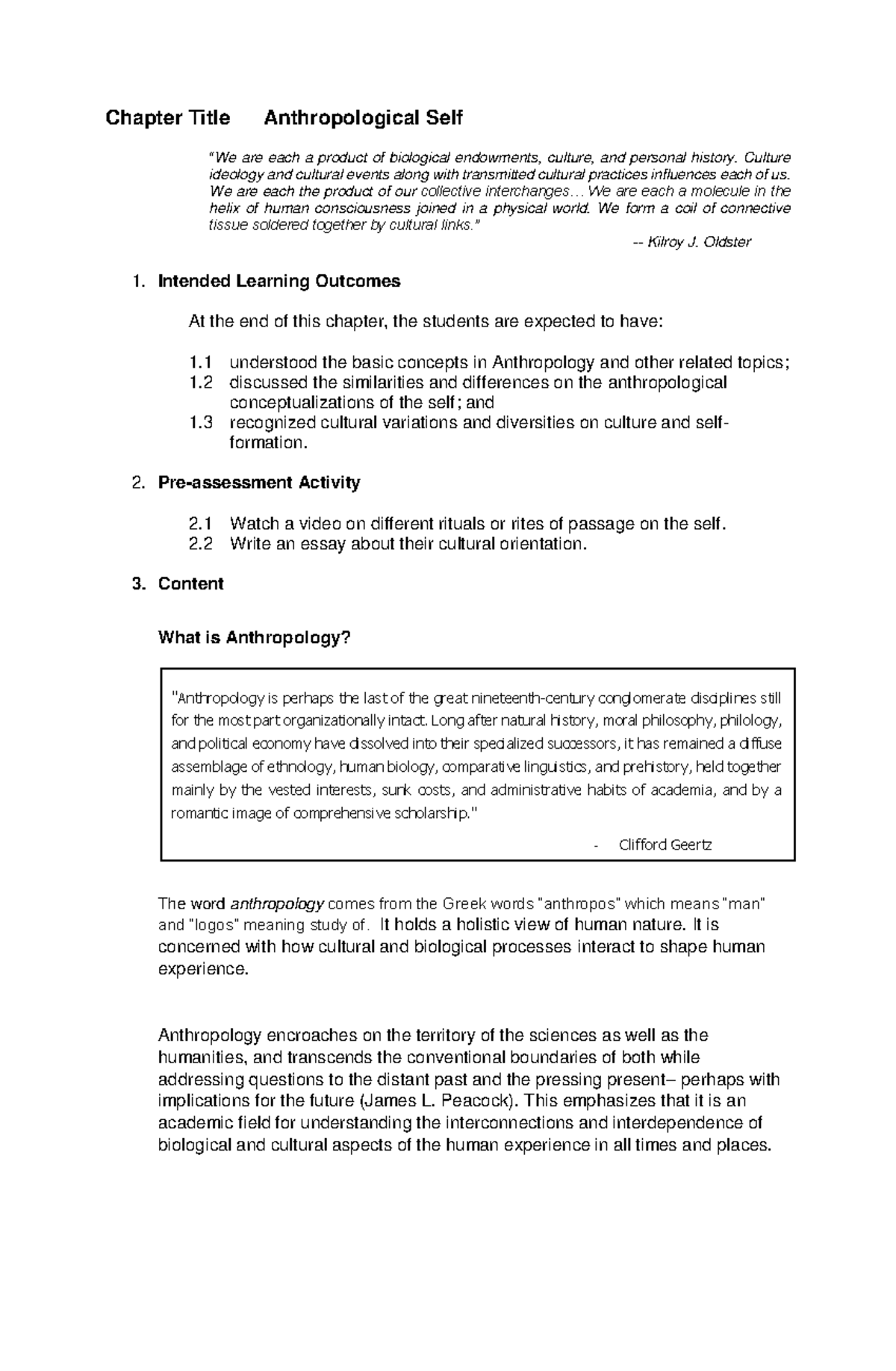 Learning Guide Anthropological self - Chapter Title Anthropological Self