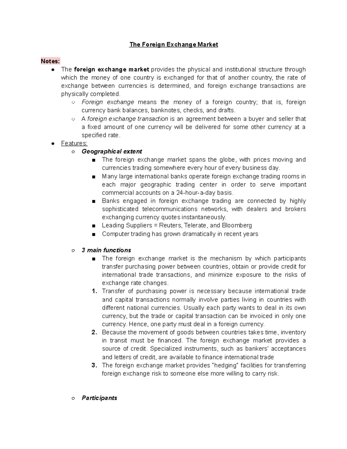 Ch 6 Foreign Exchange Market - The Foreign Exchange Market Notes: The ...