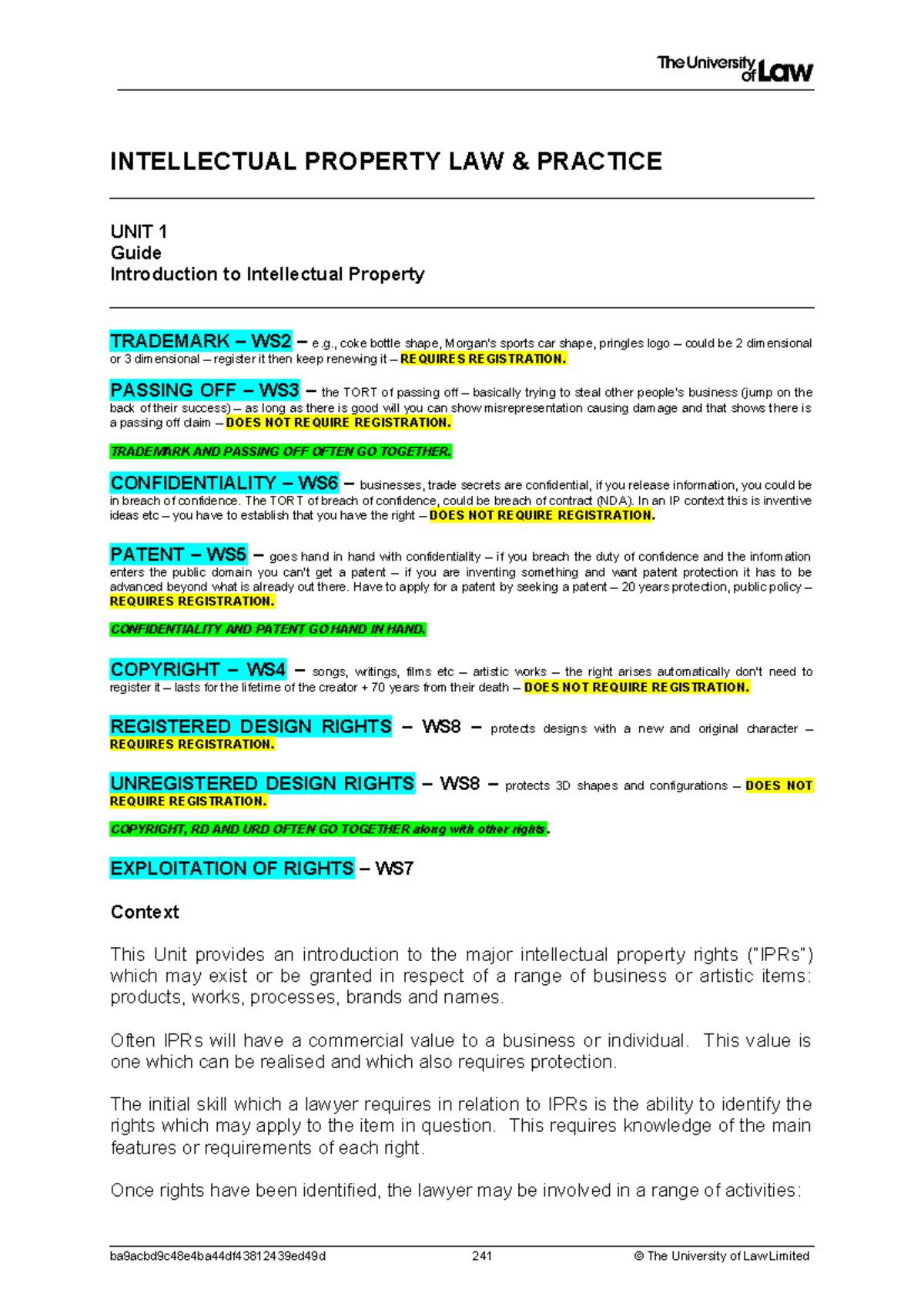 IP WS1 Guide DONE - distinction graded notes - INTELLECTUAL PROPERTY ...