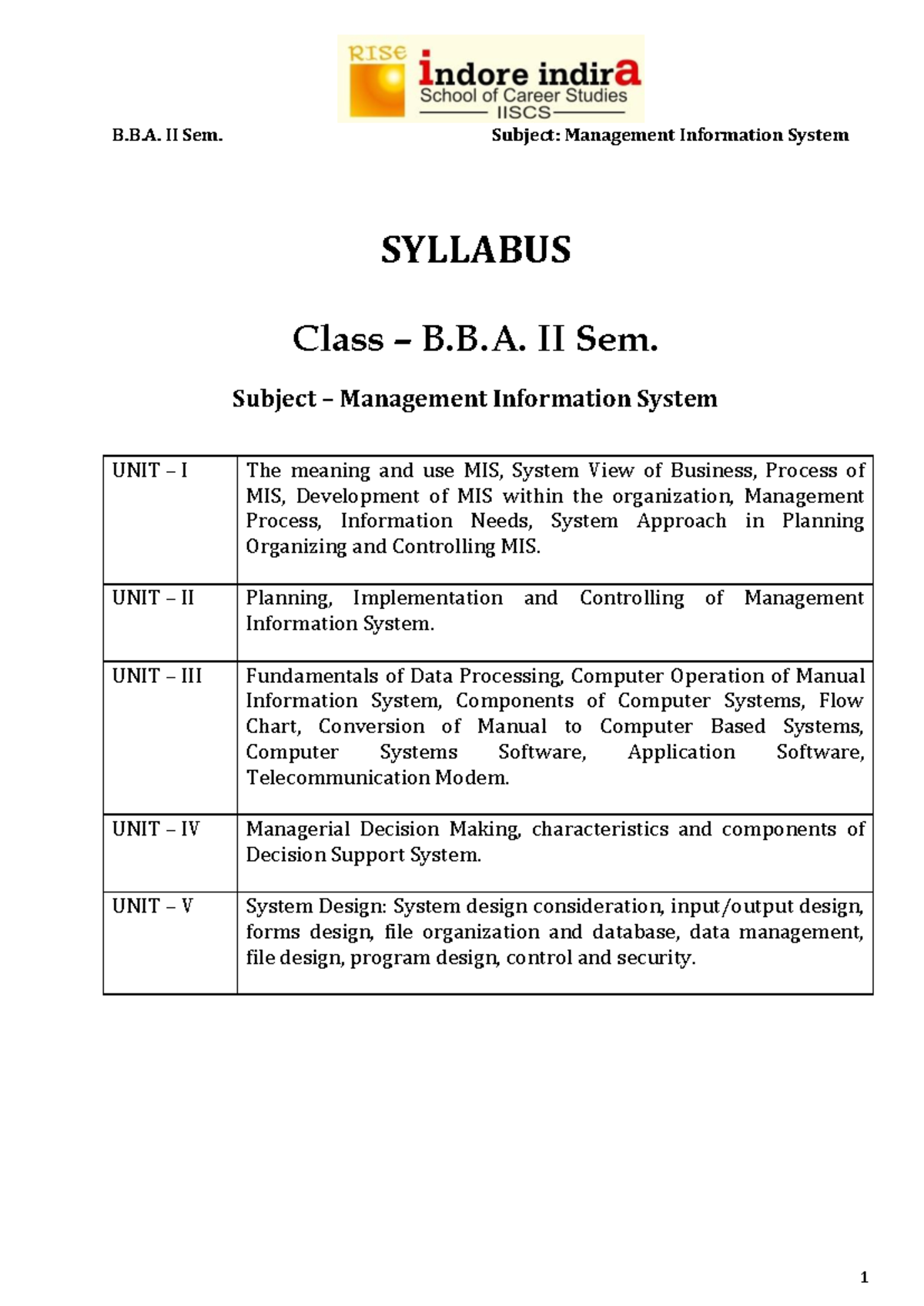 390913530 Management Information System Notes - SYLLABUS Class – B.B ...