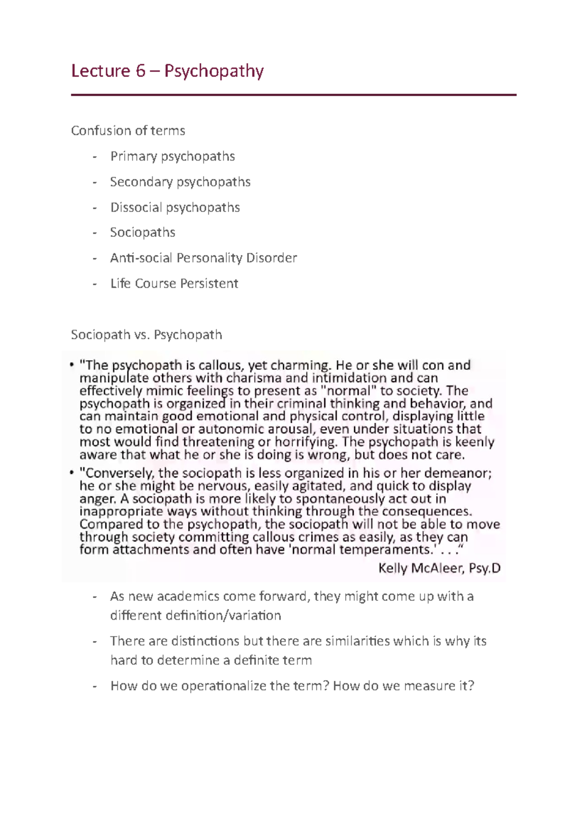 Lecture 6 Psychopathy Lecture 6 Psychopathy Confusion of terms