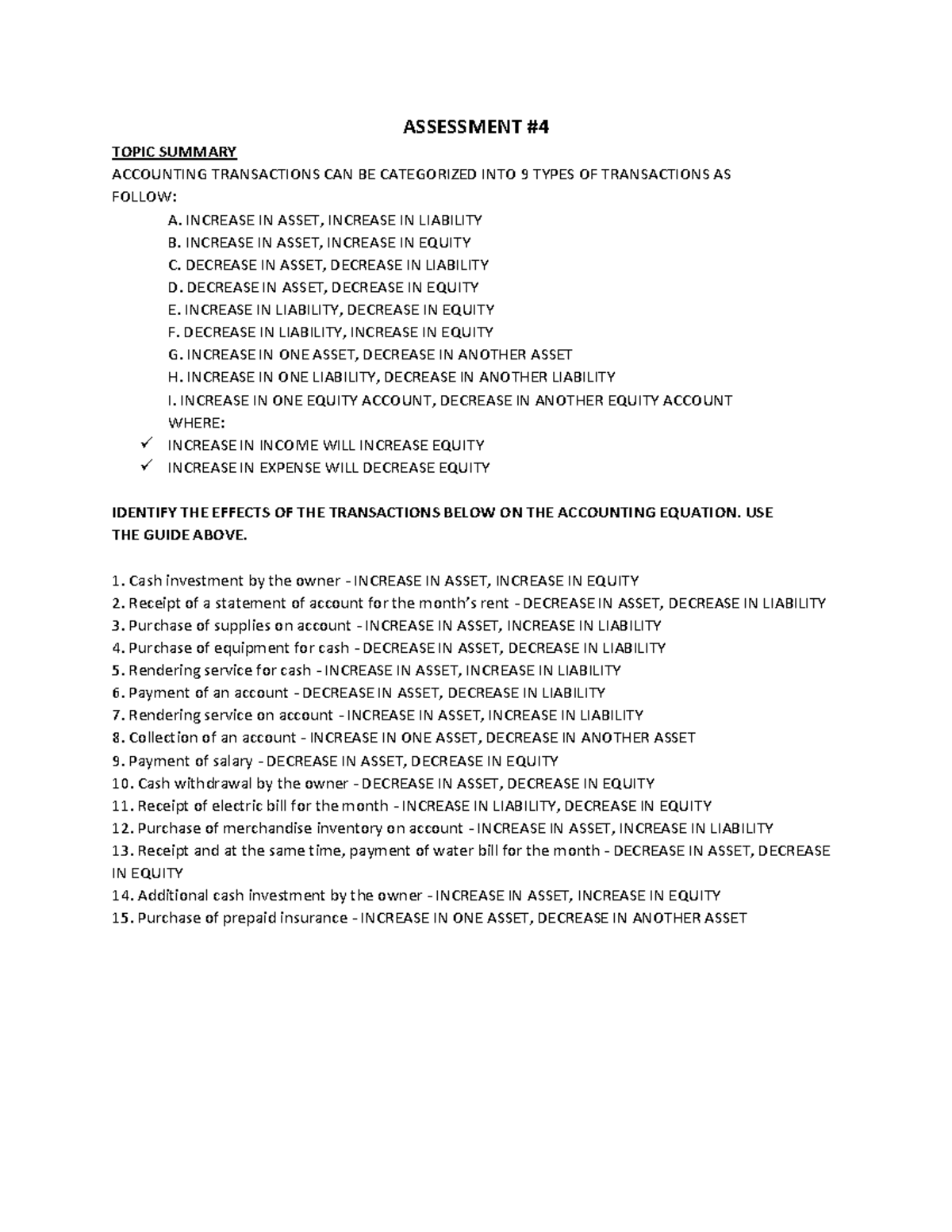 Assessment #4 - differentiating accounting transactions to certain ...