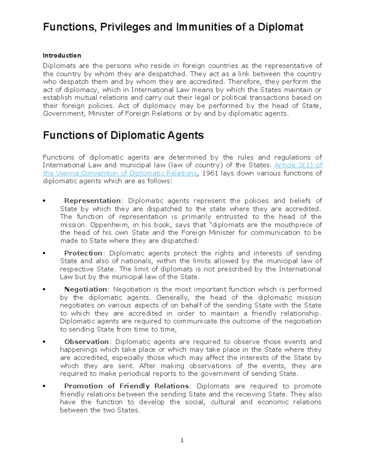 Functions And Immunities Of Diplomats - Political Science - Studocu