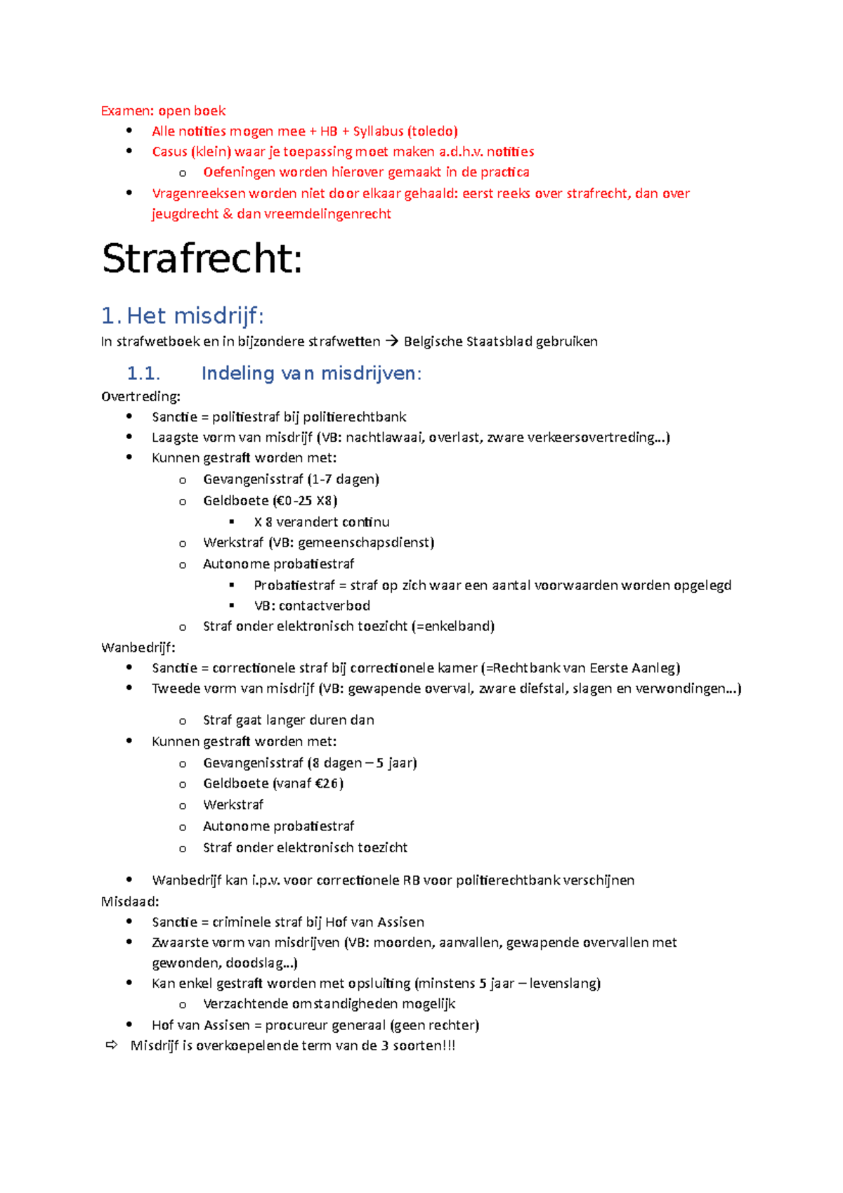Strafrecht Notities van de PPT + lessen voor het open boek examen Examen open boek Alle