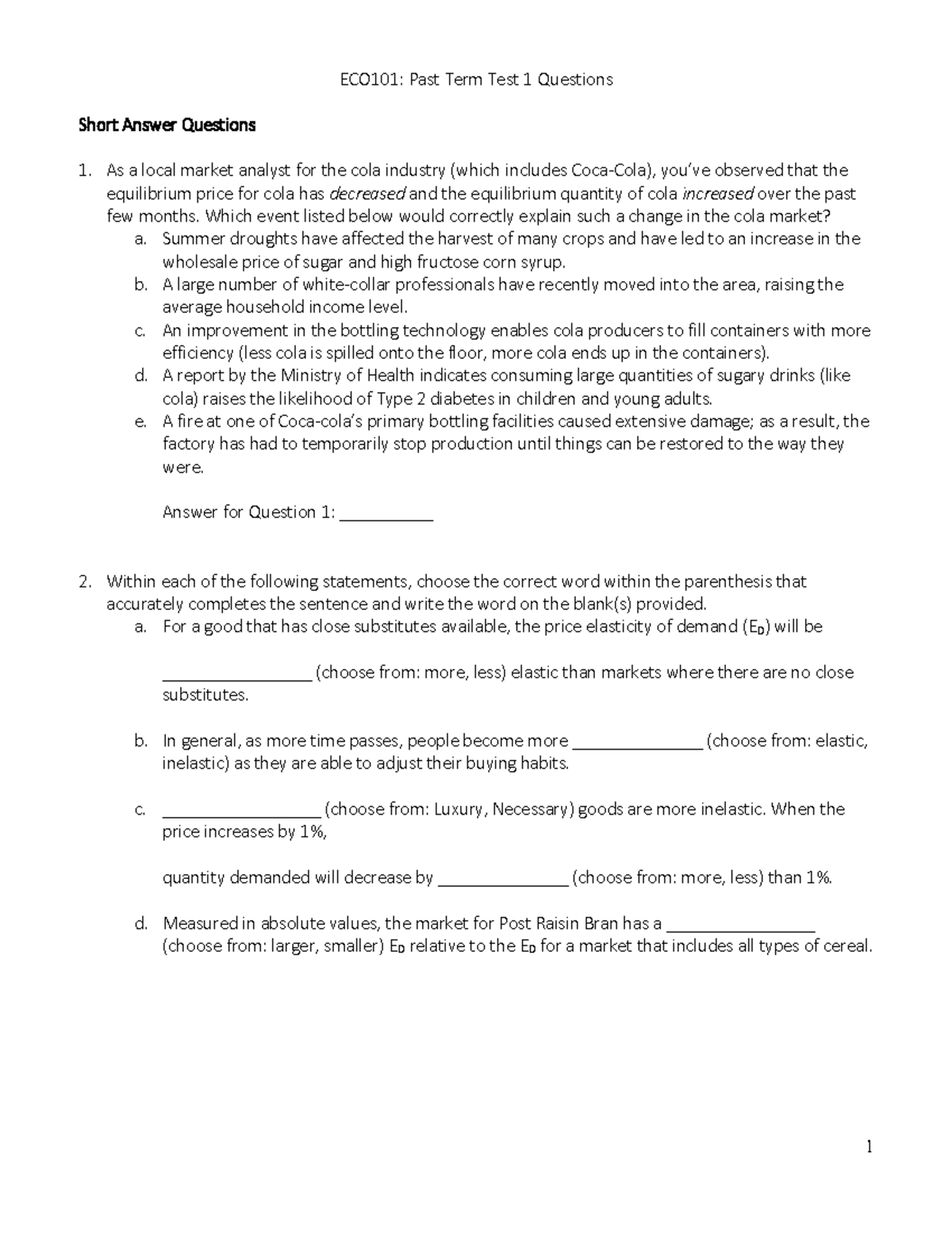 Term Test 1 (Module 1-5): Past Test Questions - eco101 - U of T - Studocu