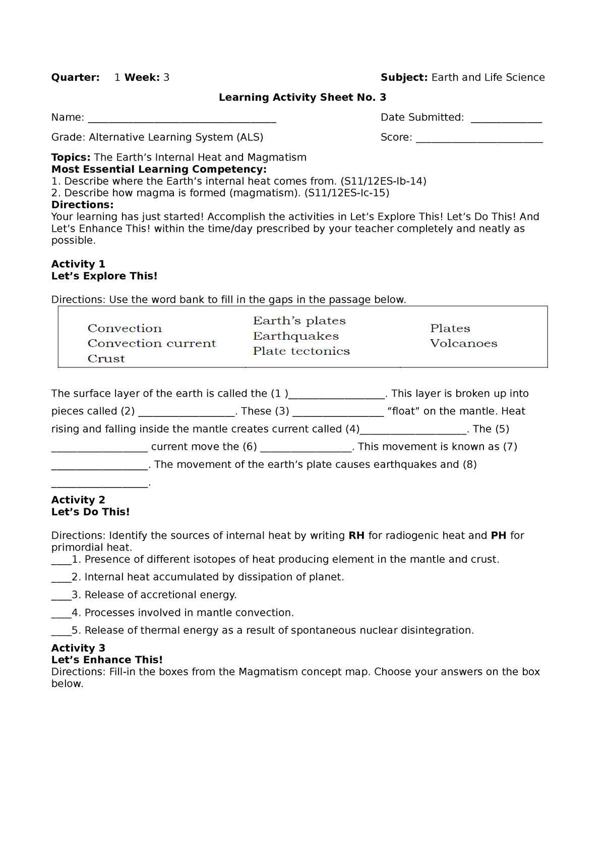 Learning Activity Sheet No 3 Els Key Quarter 1 Week 3 Subject Earth And Life Science 6730