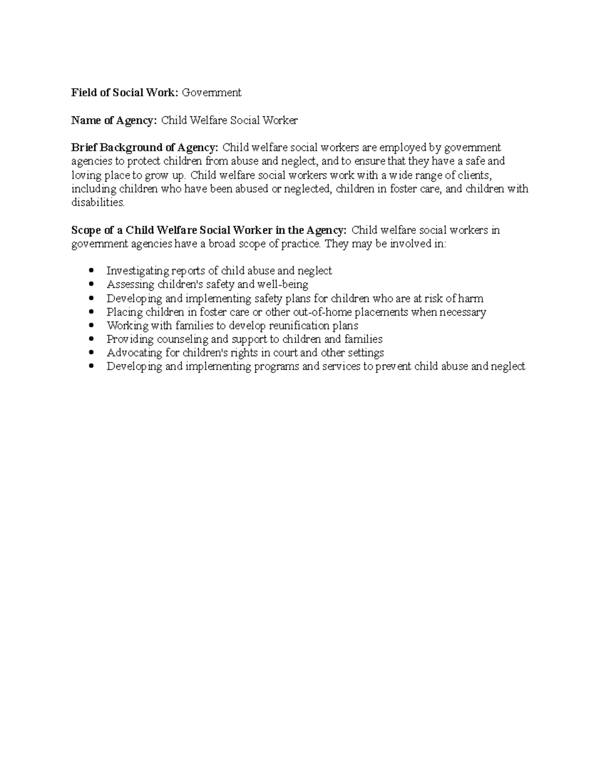 Social work - concept paper - Field of Social Work: Government Name of ...