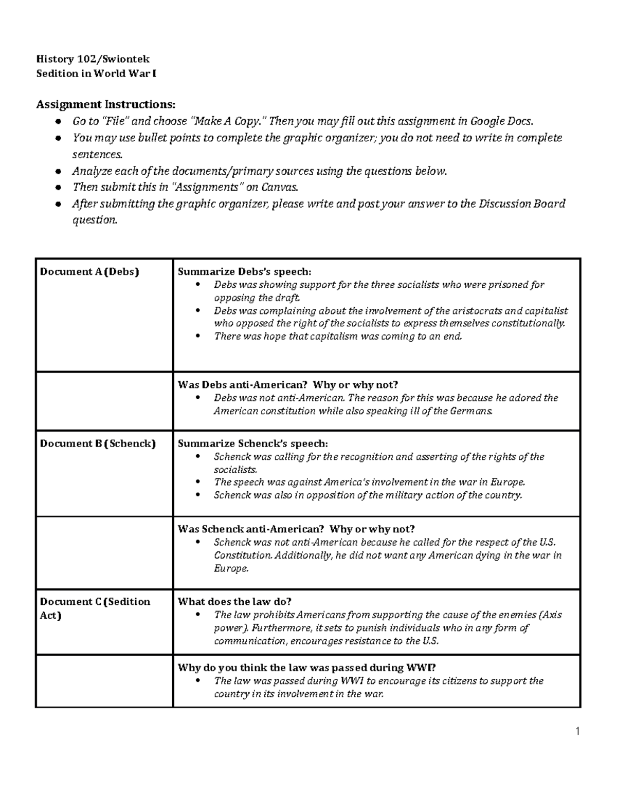 sedition in ww1 assignment answers