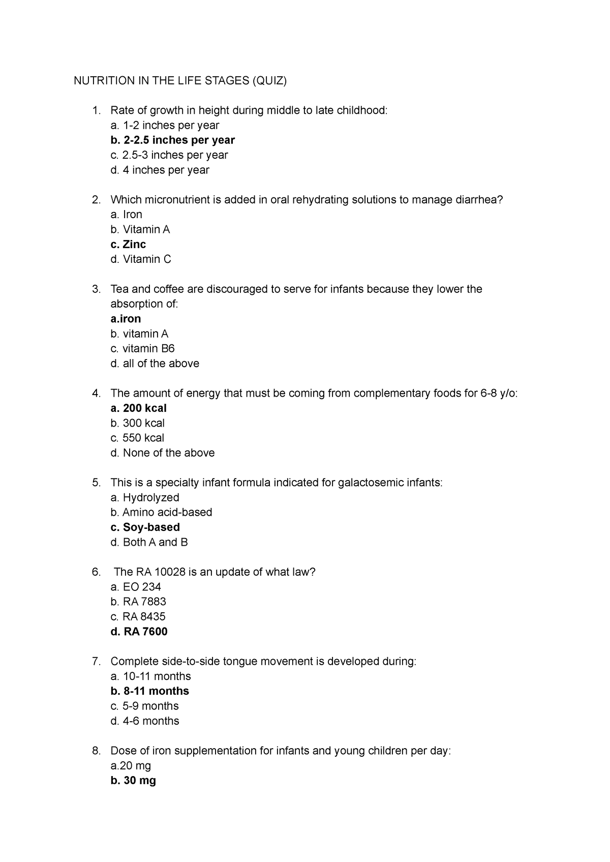 Nutrition IN THE LIFE Stages (QUIZ) - NUTRITION IN THE LIFE STAGES ...