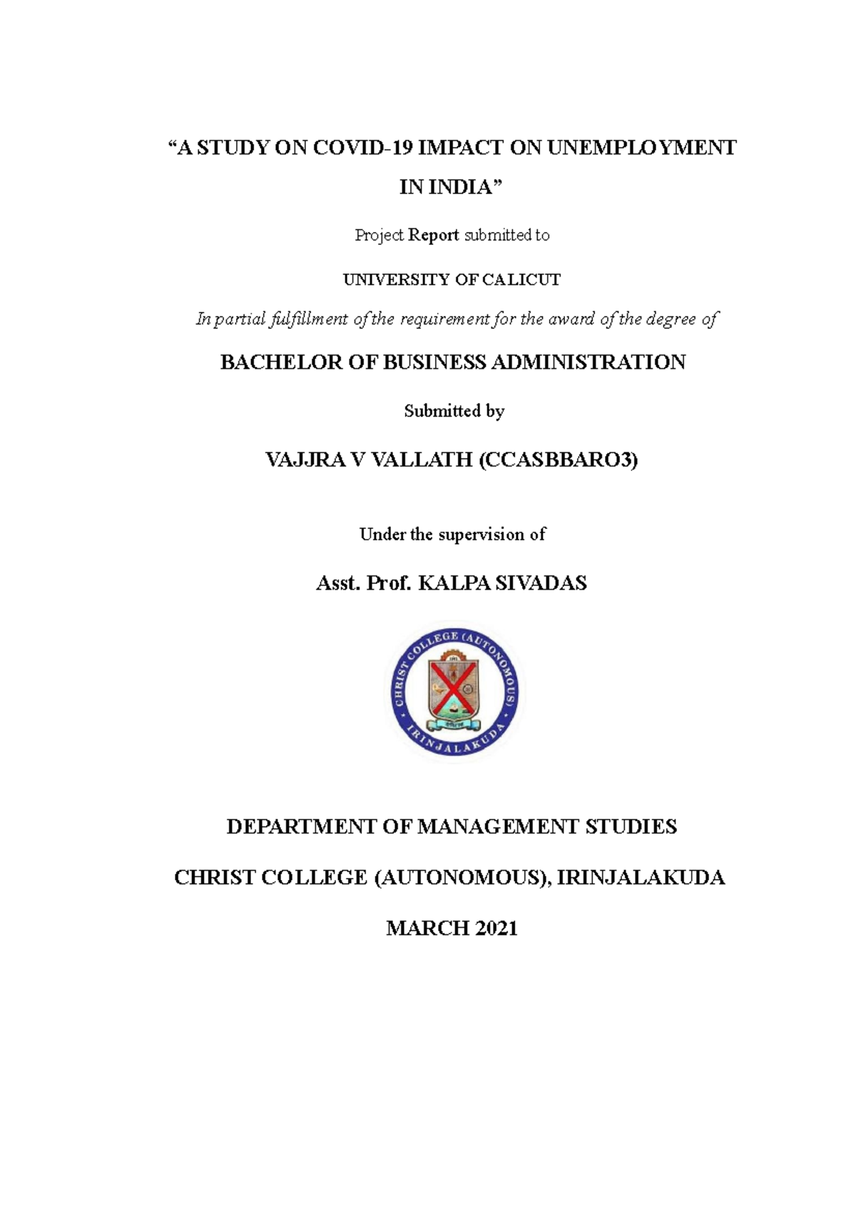 Covid 19 - assignment - “A STUDY ON COVID-19 IMPACT ON UNEMPLOYMENT IN ...