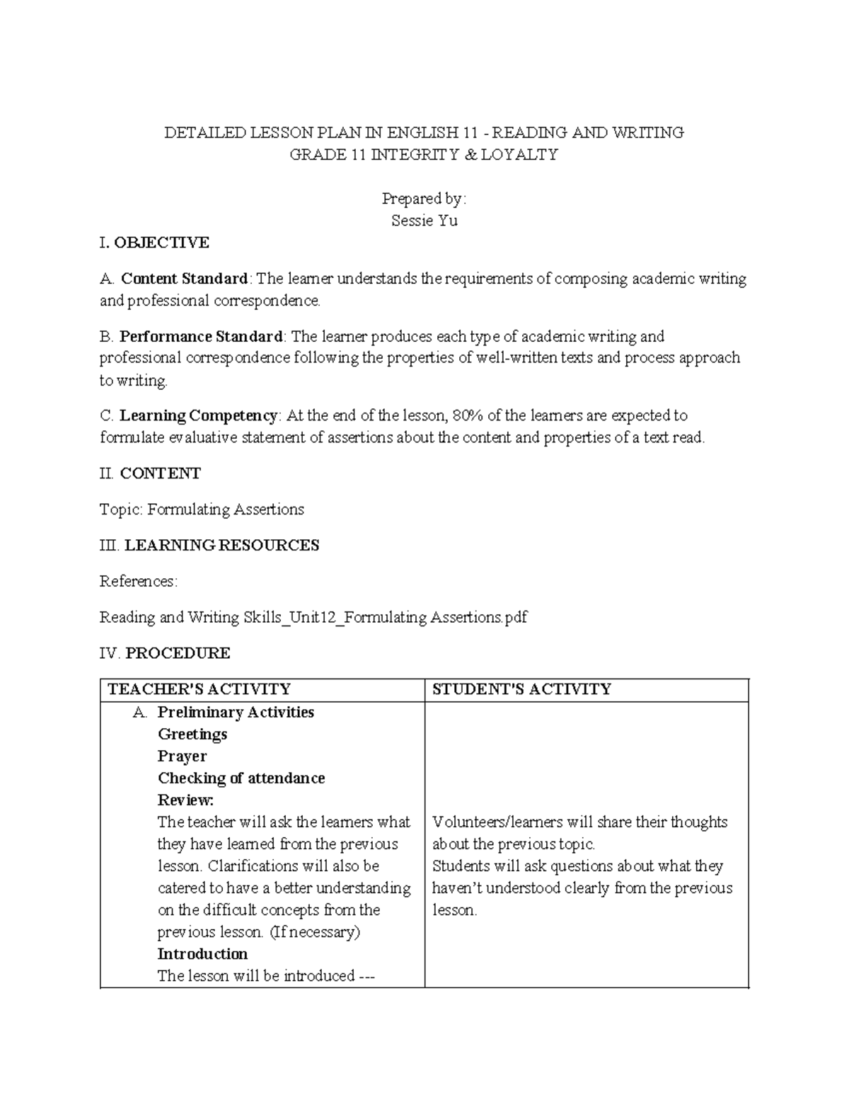 Lesson plan in Grade 11 stud - DETAILED LESSON PLAN IN ENGLISH 11 ...