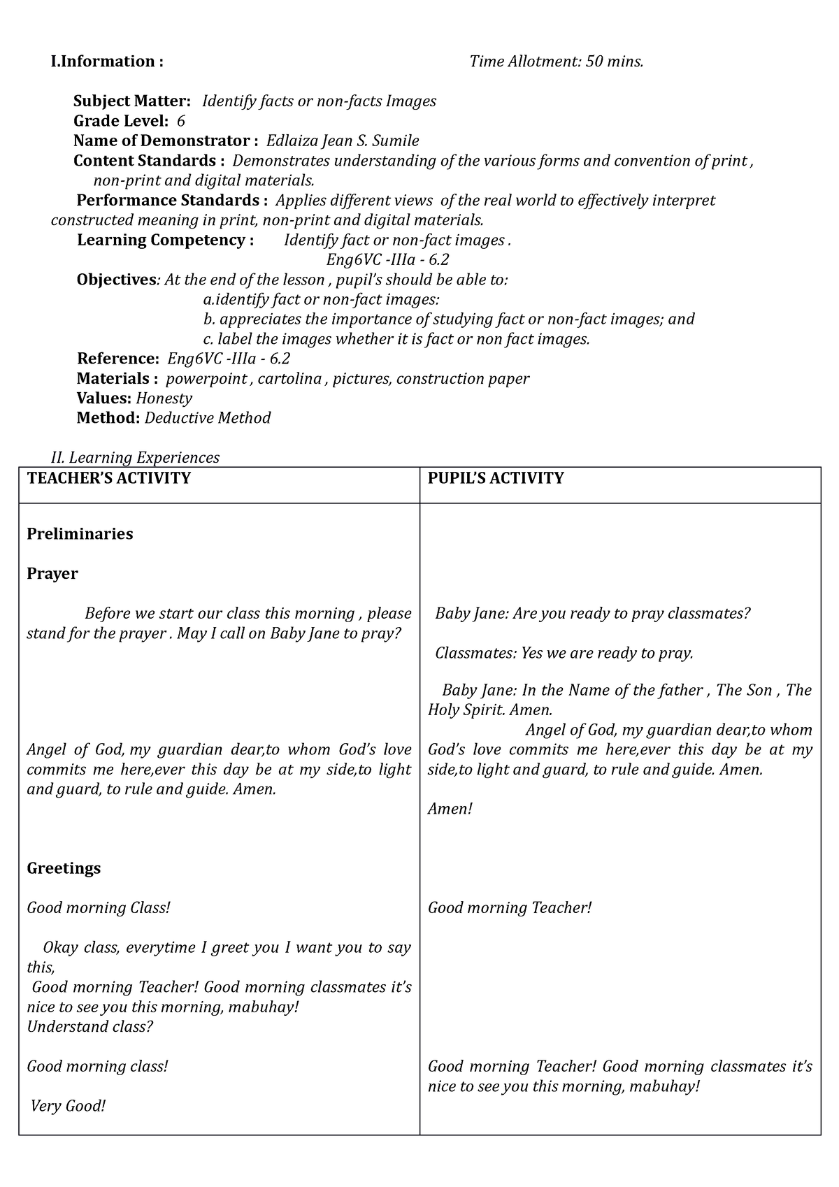 Lesson-plan-fact - Detailed Lesson Plan - I : Time Allotment: 50 mins ...