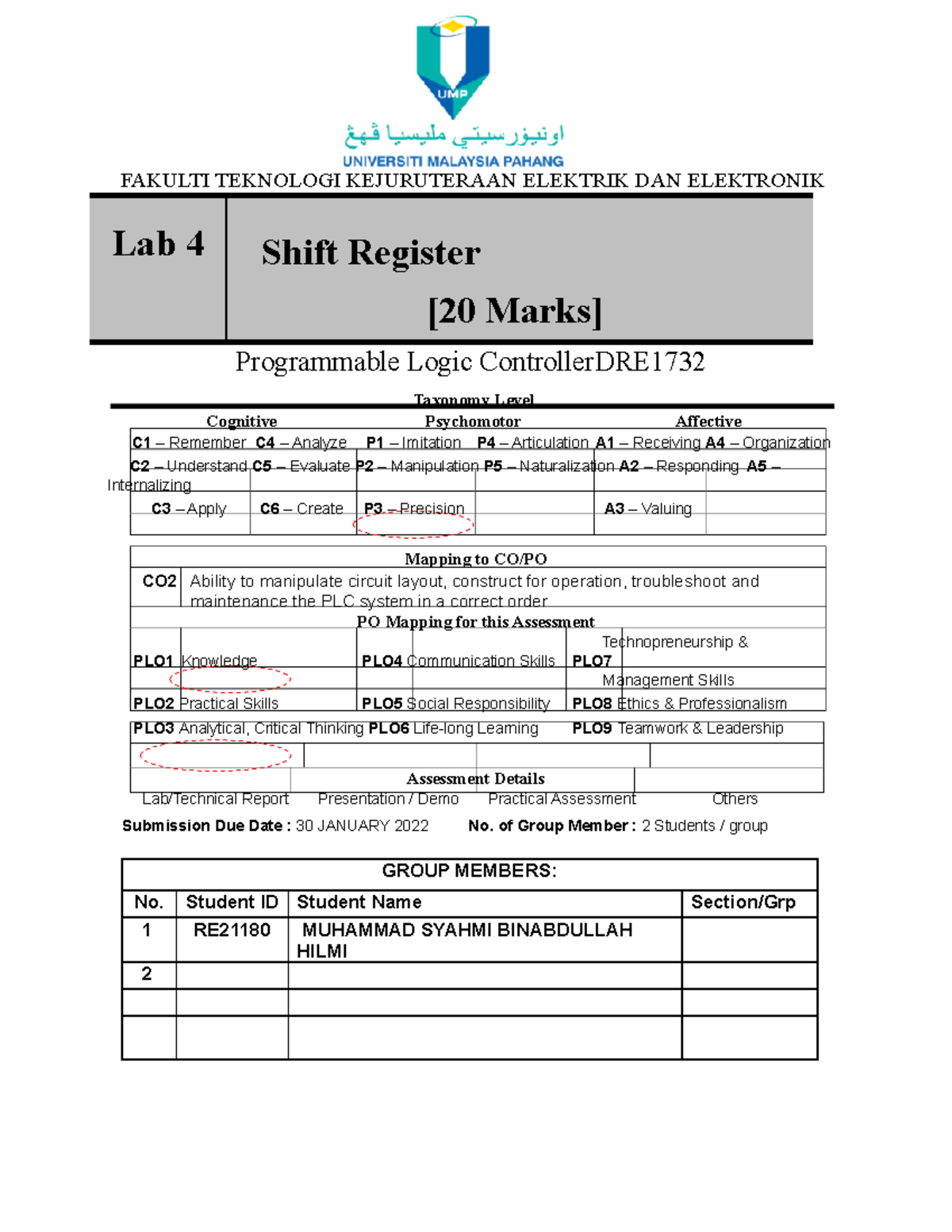 Lab 4 Syahmi DAUS lab report programmable logic controller FAKULTI
