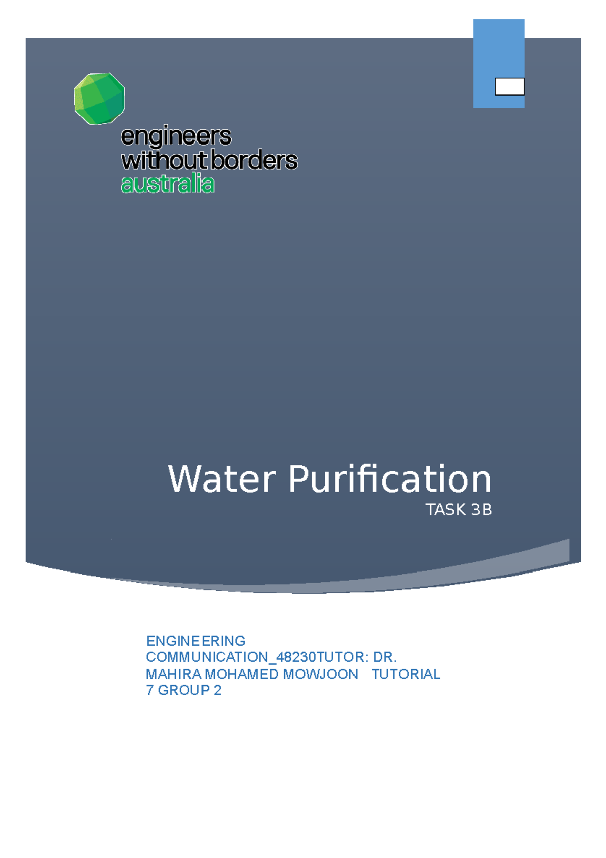 Implementation Plan - plan - Water Purification TASK 3B ENGINEERING ...
