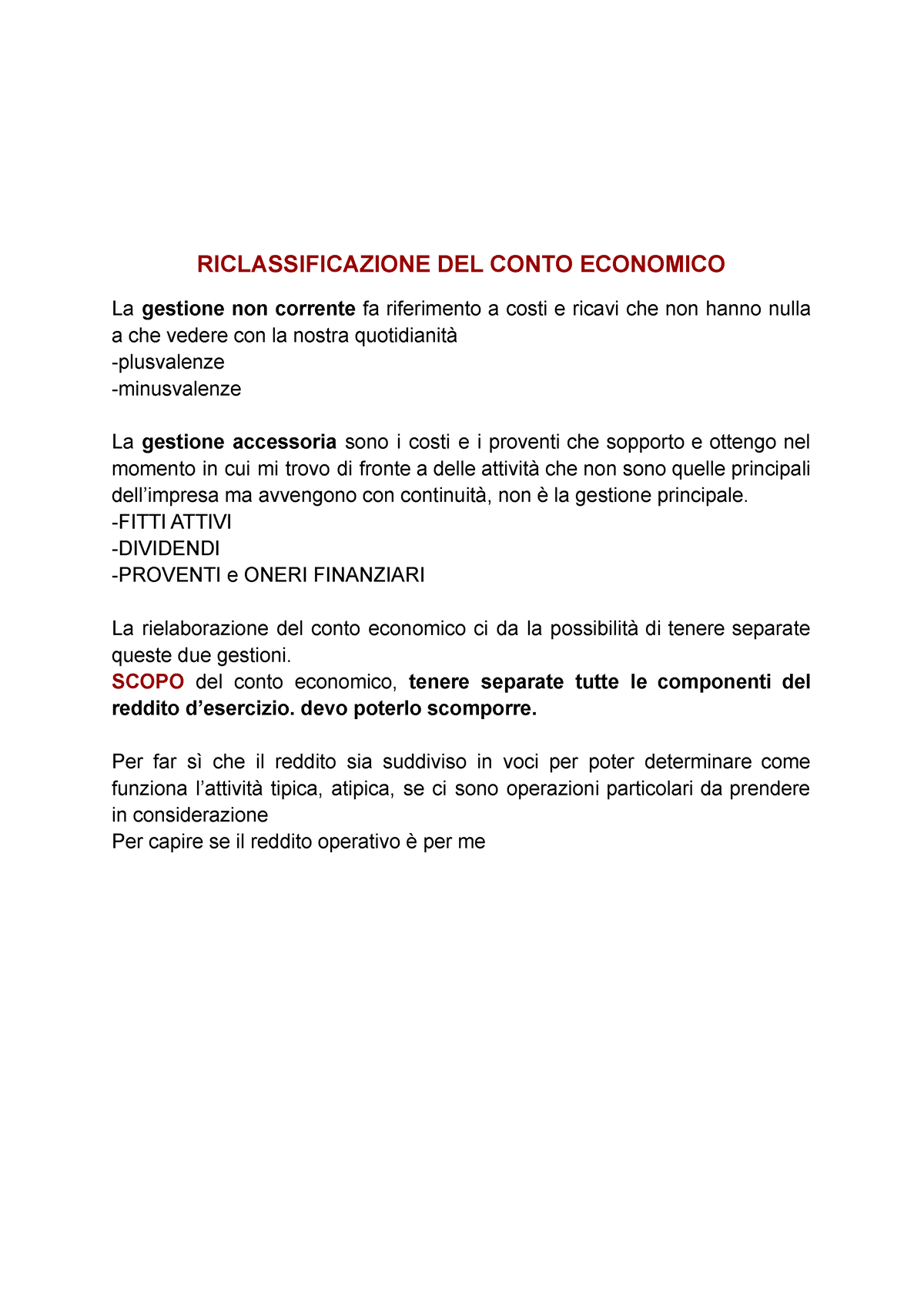 Economia Aziendale - Appunti Relativi Alla Riclassificazione Del Conto ...